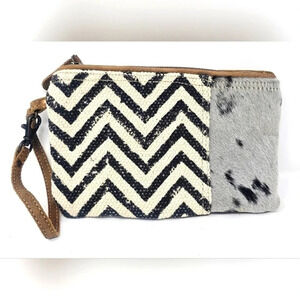 Myra Cat's Eye Small Bag Pouch Clutch Calf Hair Leather Cotton Zip Wrislet NWOT